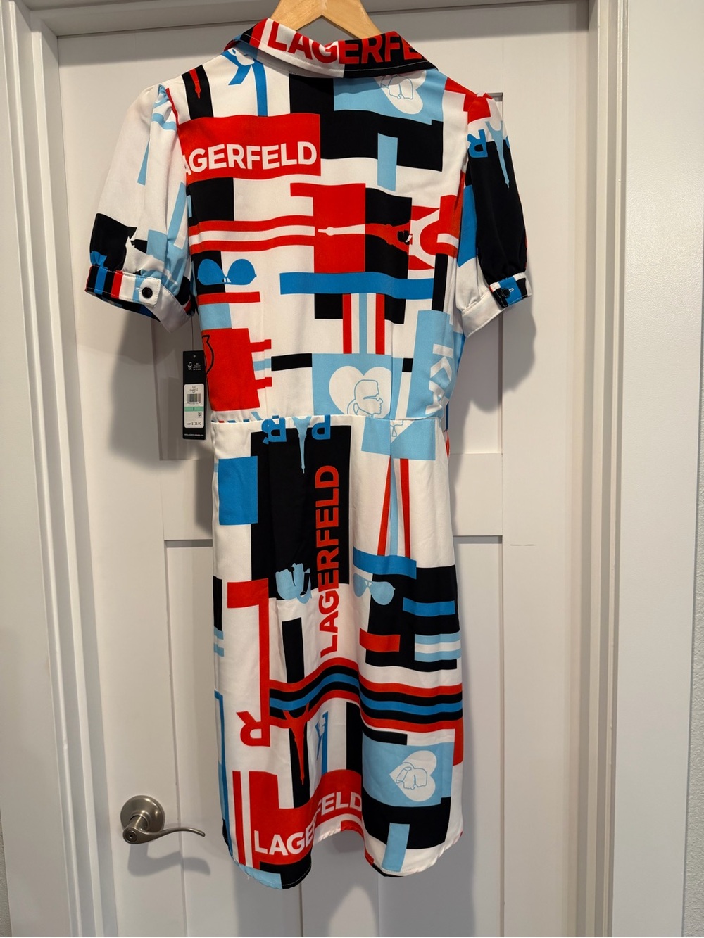 NWT Karl Lagerfeld Logo Print Shirt Dress - Red, Blue, Black, White - Picture 7 of 11